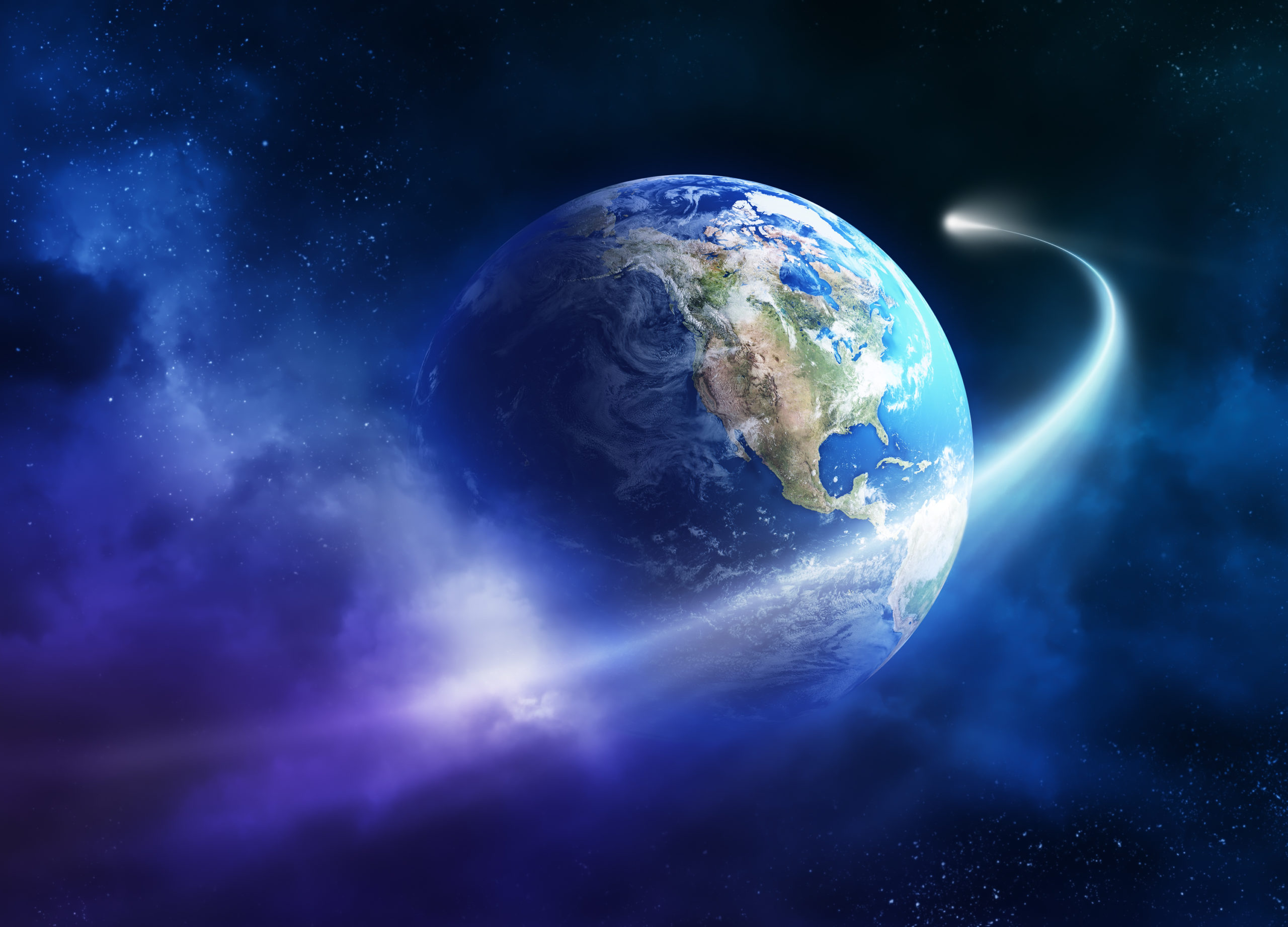 Comet moving passing planet earth