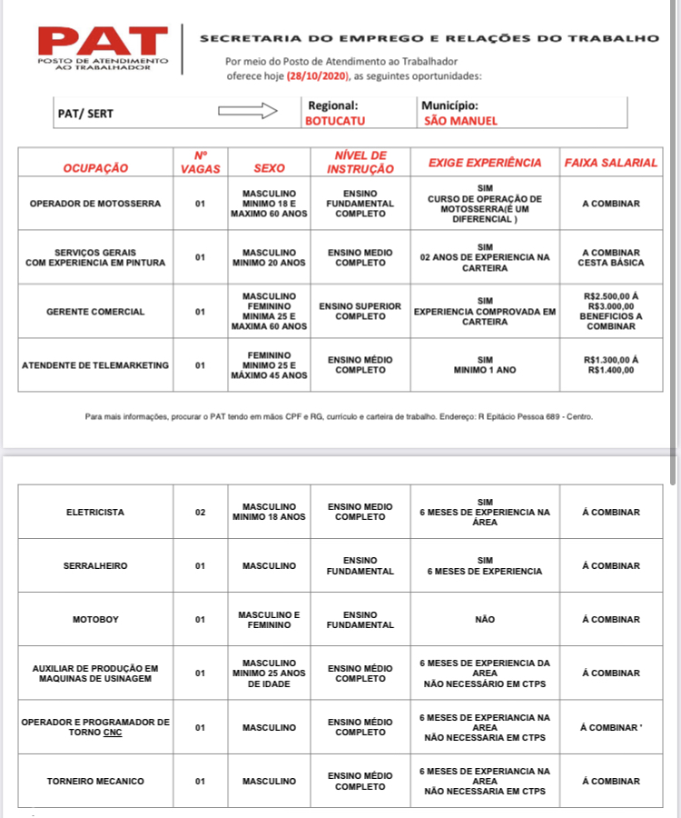 47E53E81-CDDC-4A92-9472-F0F19E788EBF PAT: Confira as vagas de empregos disponíveis