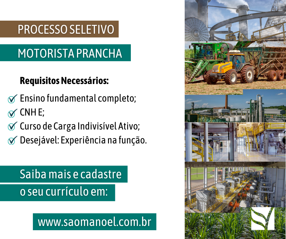 Usina São Manoel contrata motorista prancha