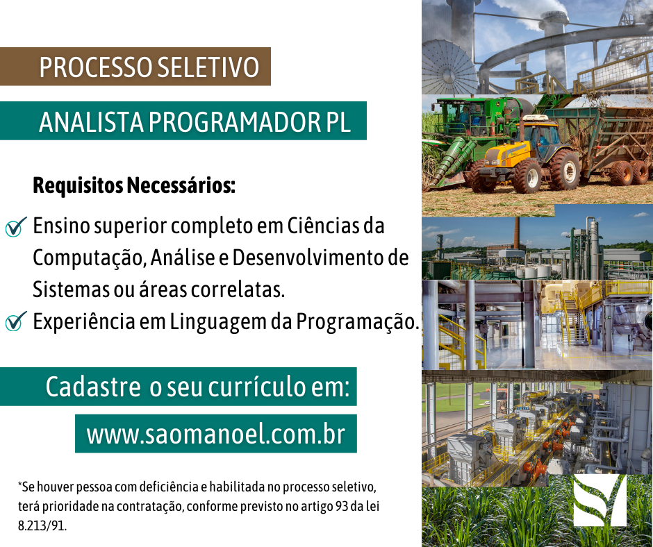 Analista-Programador-Pleno-FACE-1 Usina São Manoel oferece várias oportunidades de emprego