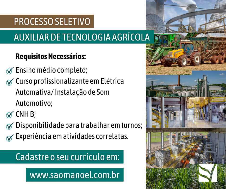 Auxiliar-de-Tecnologia Usina São Manoel oferece várias oportunidades de emprego