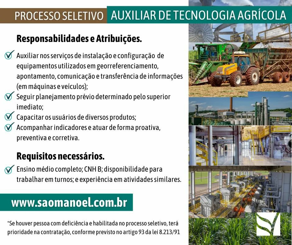tecnologiaagricola7881823327940495609.-1 Confira oportunidades de emprego oferecidas pela Usina São Manoel