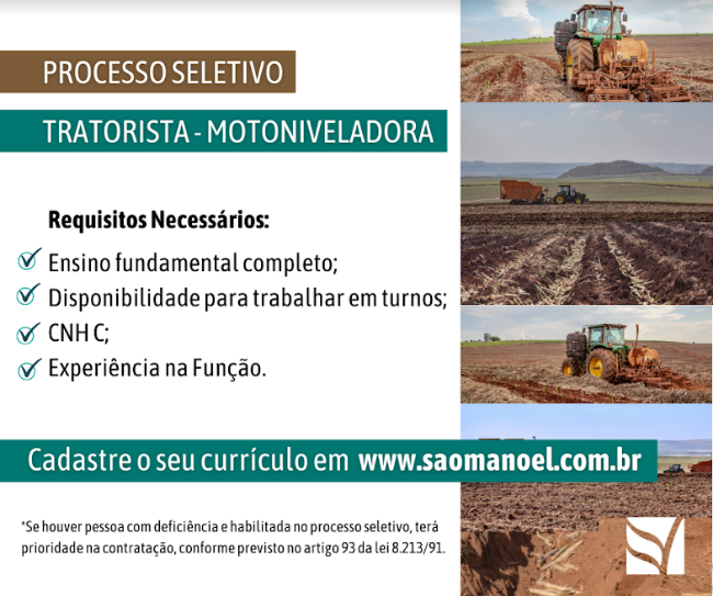 Oportunidade: Usina contrata tratorista - motoniveladora