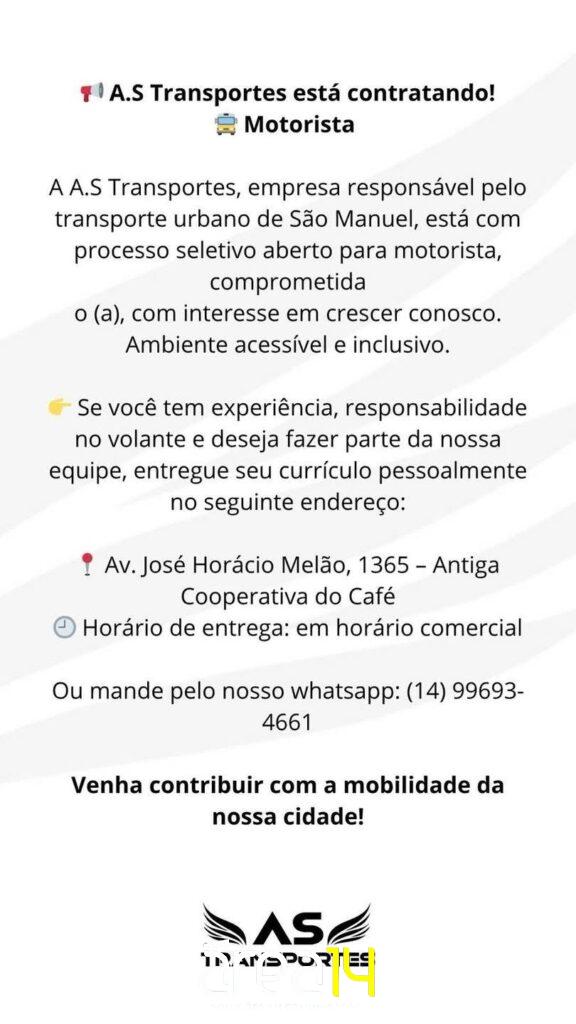 AS Transportes contrata motorista de ônibus em São Manuel